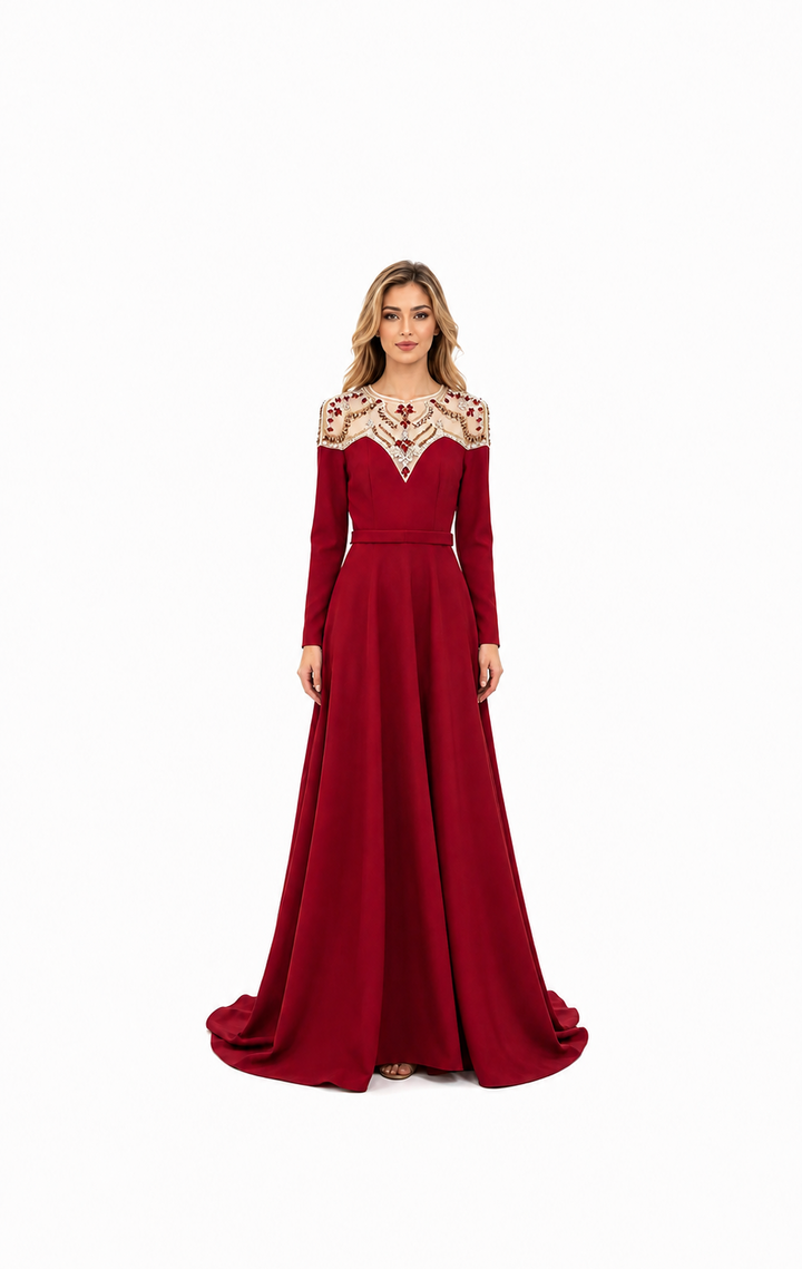 Burgundy Embellished Yoke Maxi Evening Dress – DERLA