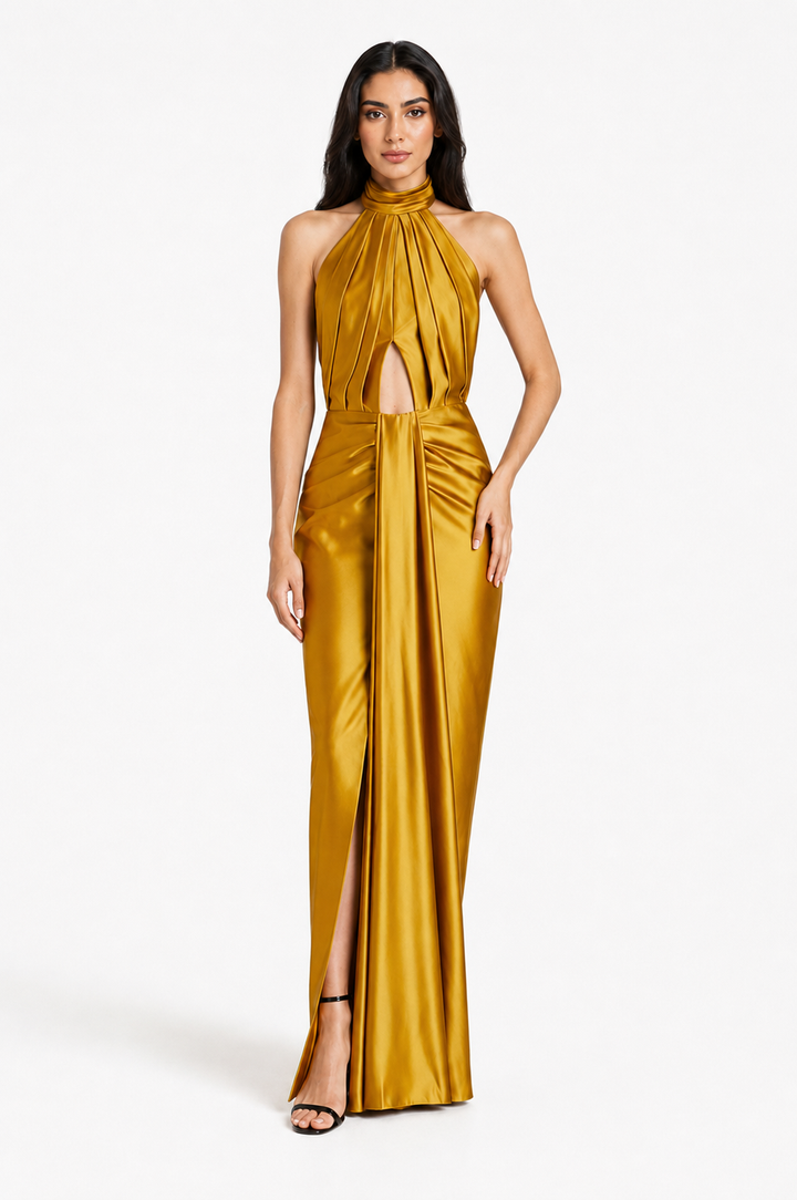 Satin Halter Cutout Maxi Dress – AURELIA