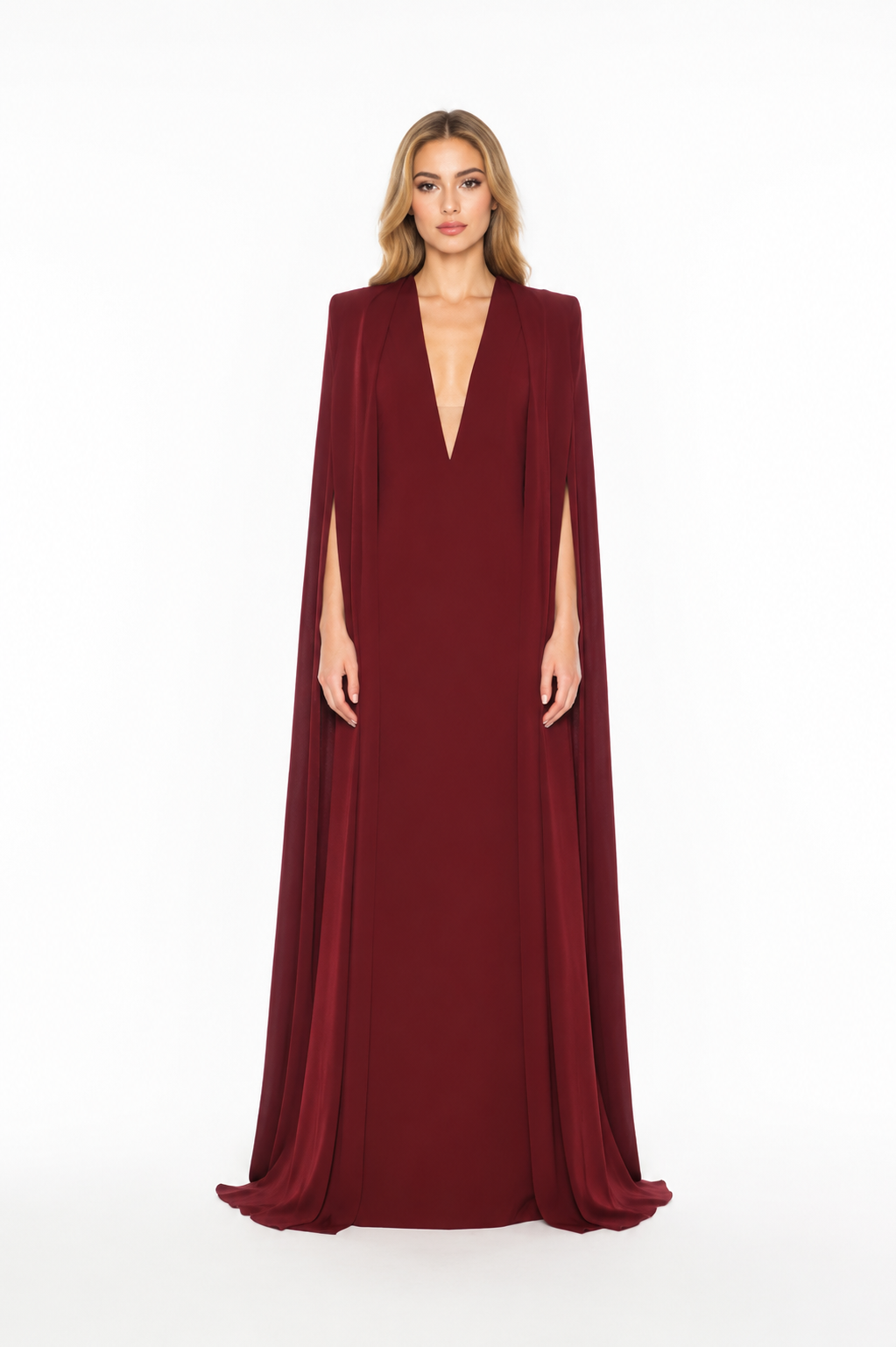 Deep V-Neck Cape Maxi Gown – BORDEAUX