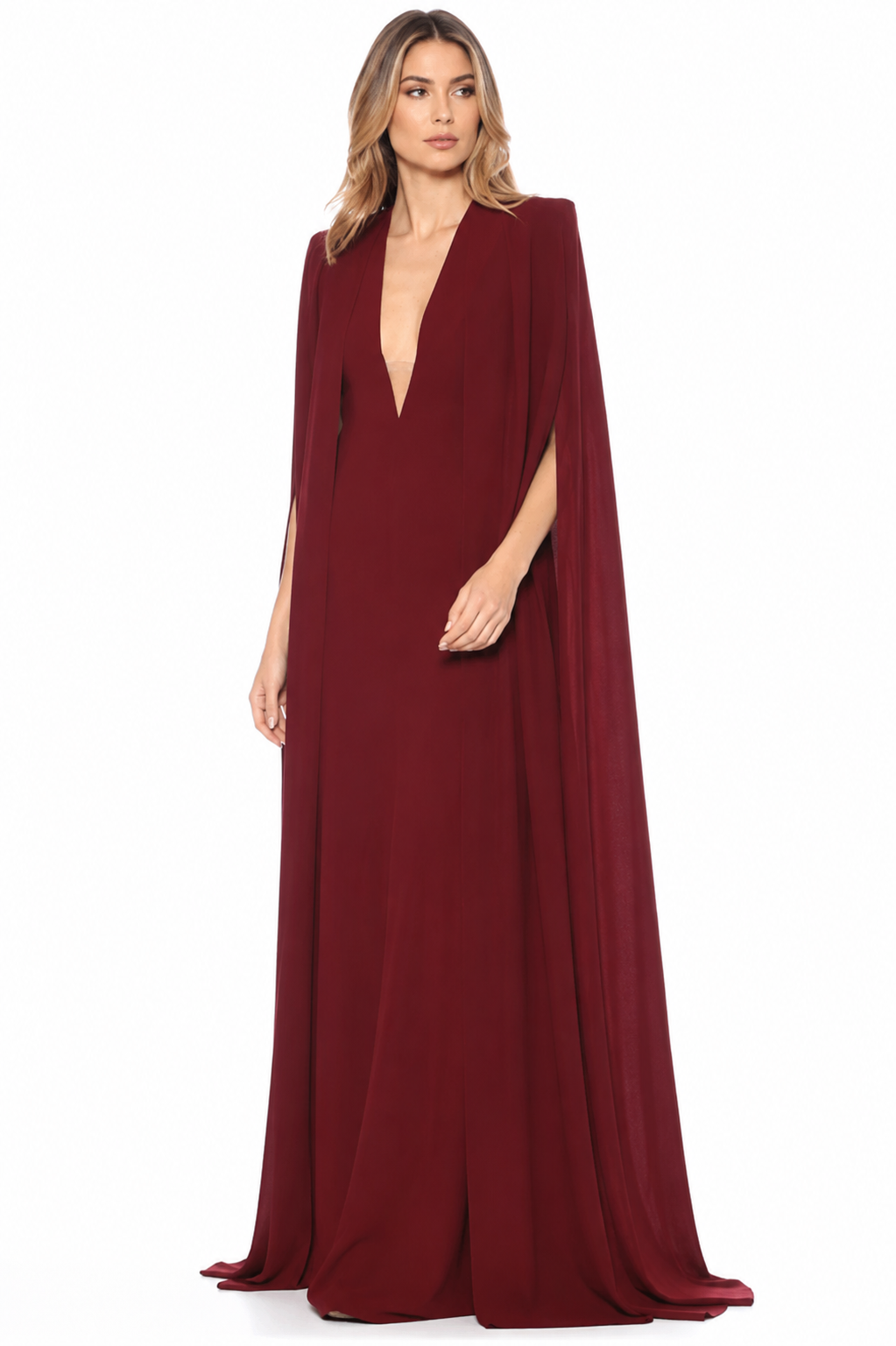 Deep V-Neck Cape Maxi Gown – BORDEAUX