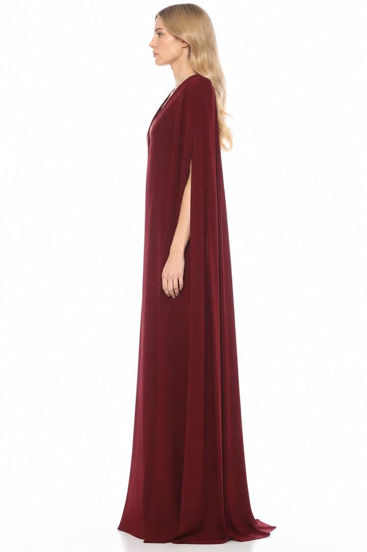 Deep V-Neck Cape Maxi Gown – BORDEAUX