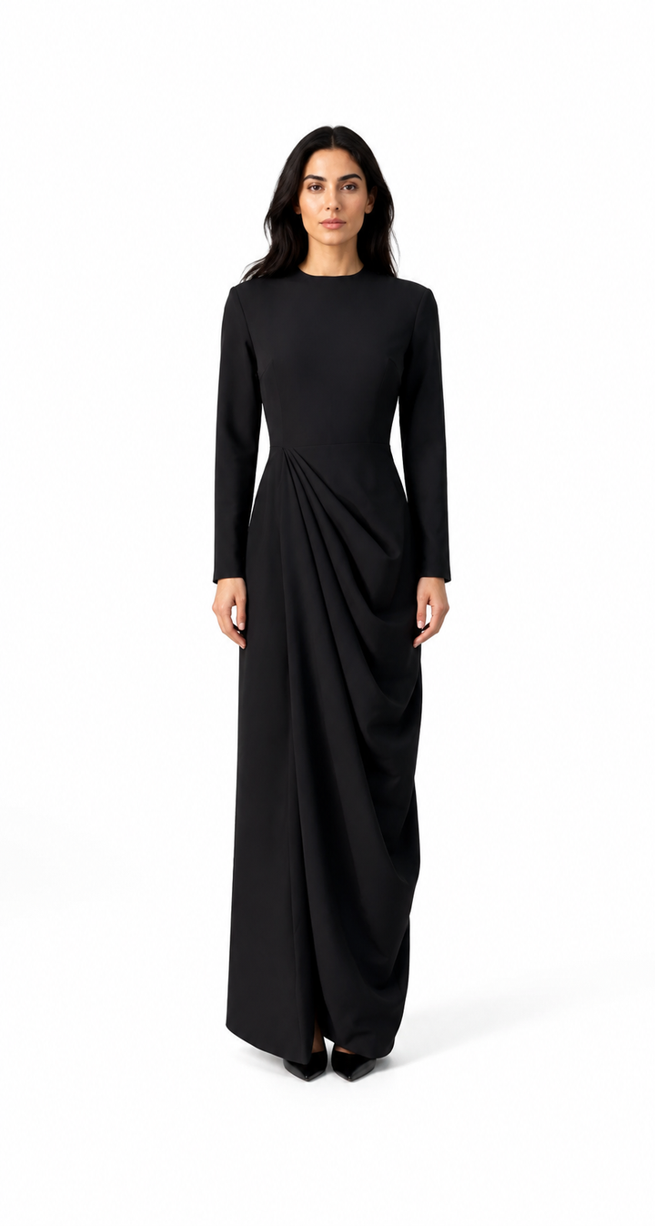 Ruched Long Sleeve Asymmetric Maxi Dress – NOCTARA