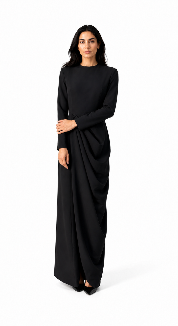 Ruched Long Sleeve Asymmetric Maxi Dress – NOCTARA
