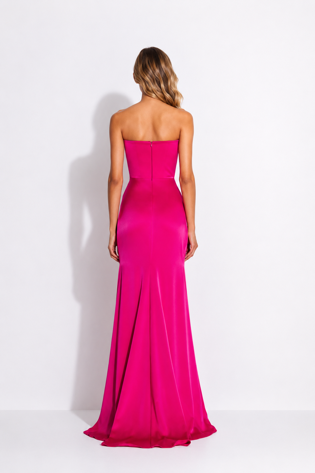 Strapless Draped Satin Maxi Dress – FUCHSIA