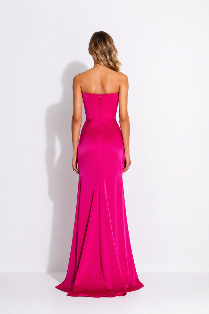Strapless Draped Satin Maxi Dress – FUCHSIA