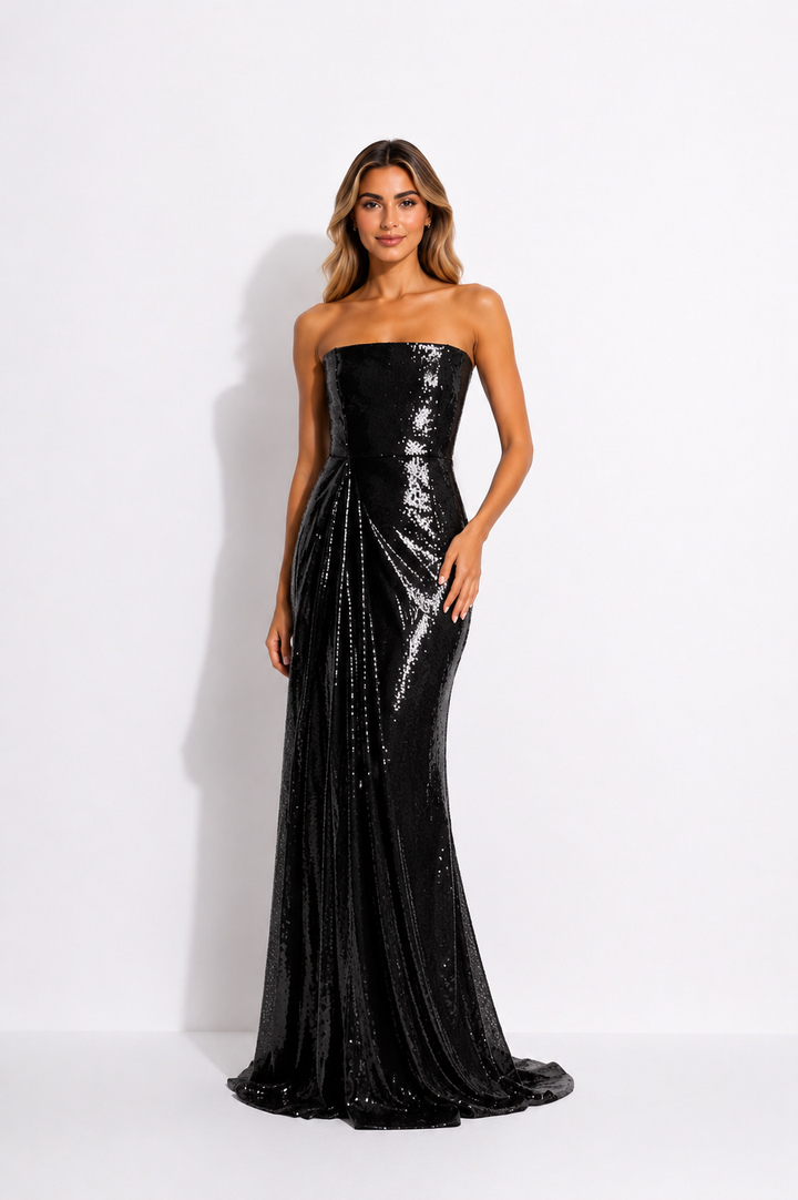 Strapless Draped Satin Maxi Dress – FUCHSIA