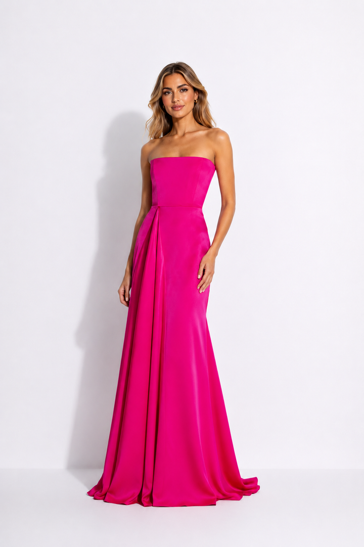 Strapless Draped Satin Maxi Dress – FUCHSIA