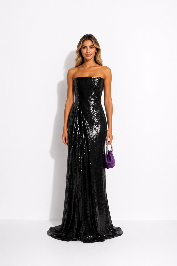Strapless Draped Satin Maxi Dress – FUCHSIA