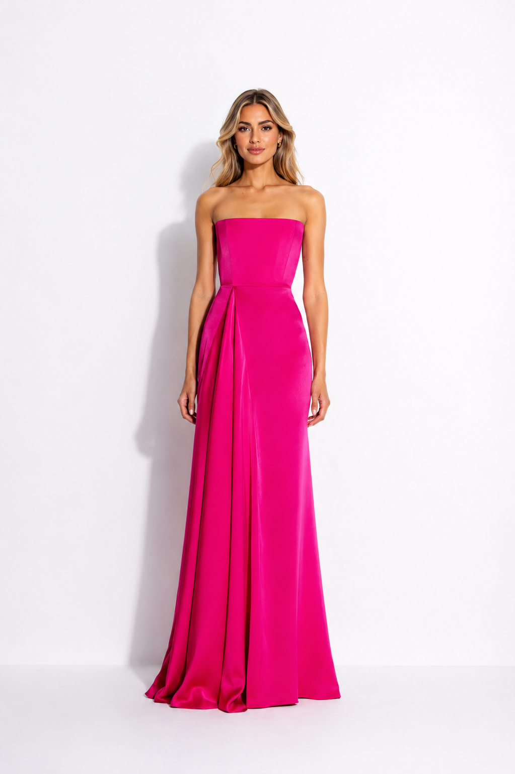 Strapless Draped Satin Maxi Dress – FUCHSIA
