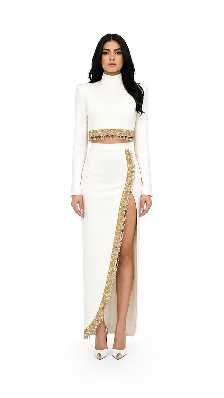 White Gold Embellished High Slit Maxi Dress – SORINA