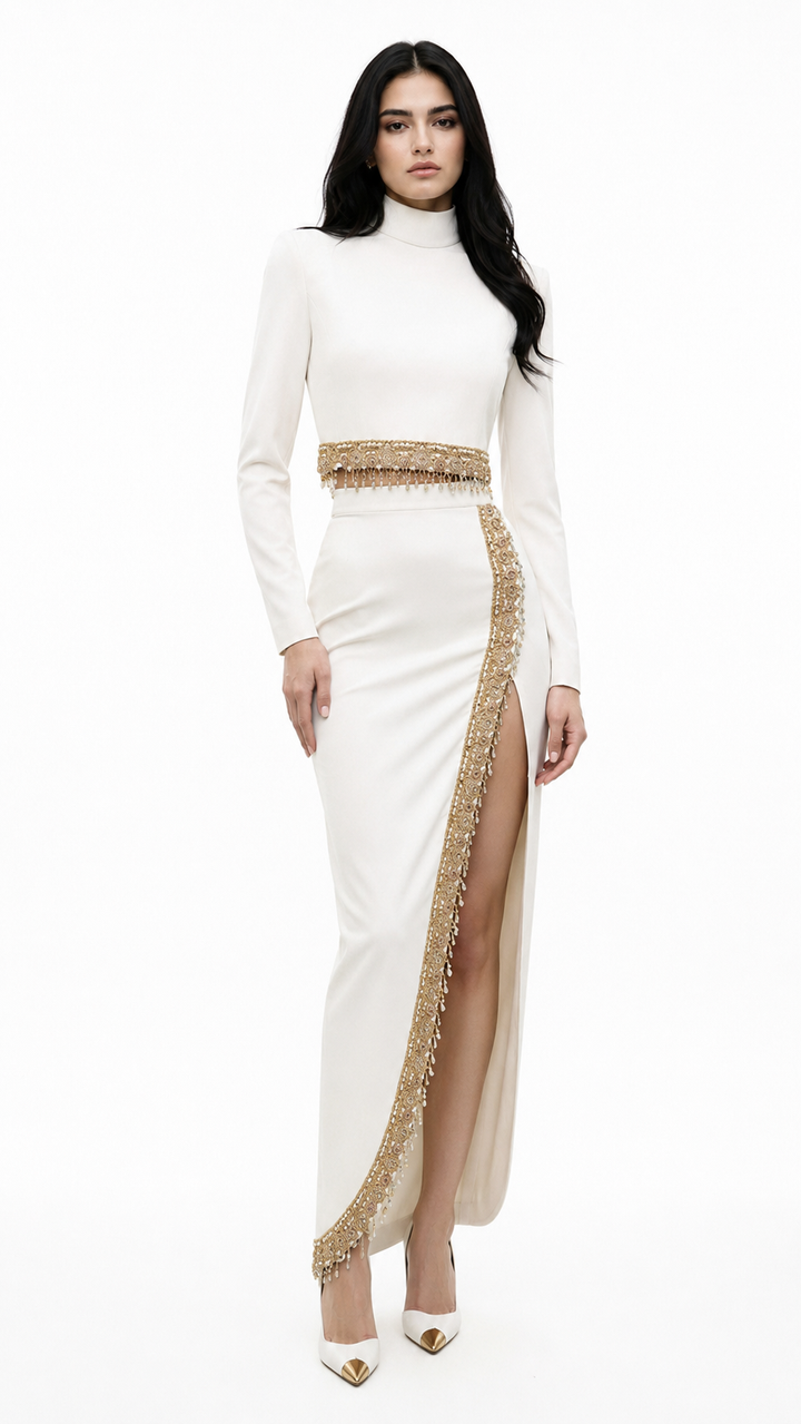 White Gold Embellished High Slit Maxi Dress – SORINA