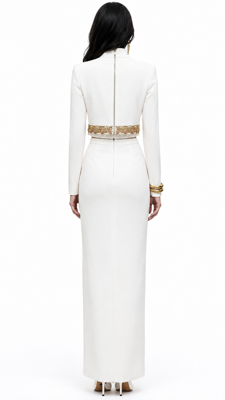 White Gold Embellished High Slit Maxi Dress – SORINA