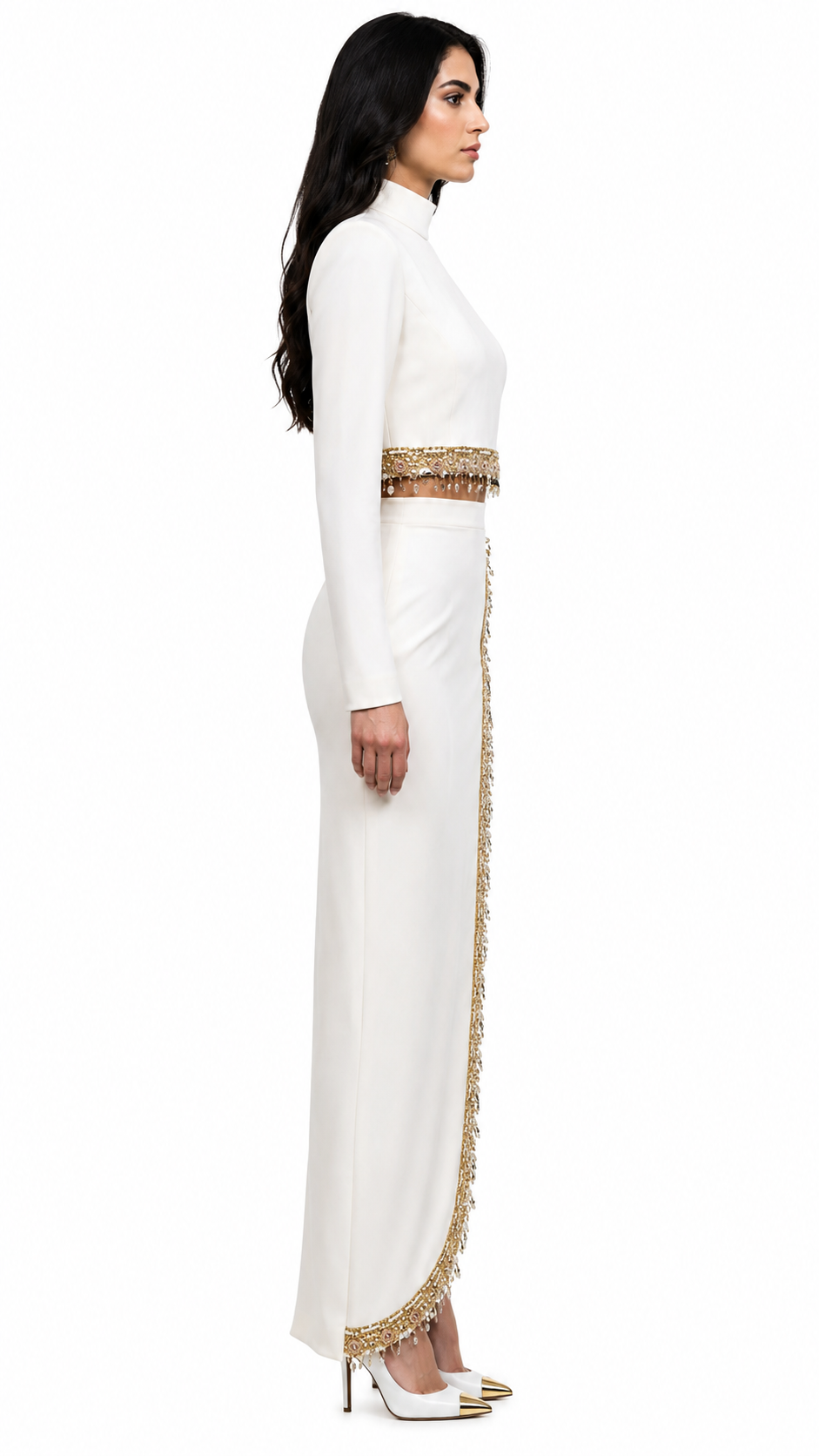White Gold Embellished High Slit Maxi Dress – SORINA