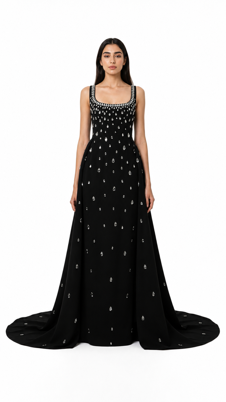 Black Crystal Embellished Square Neck Gown – AURELIA