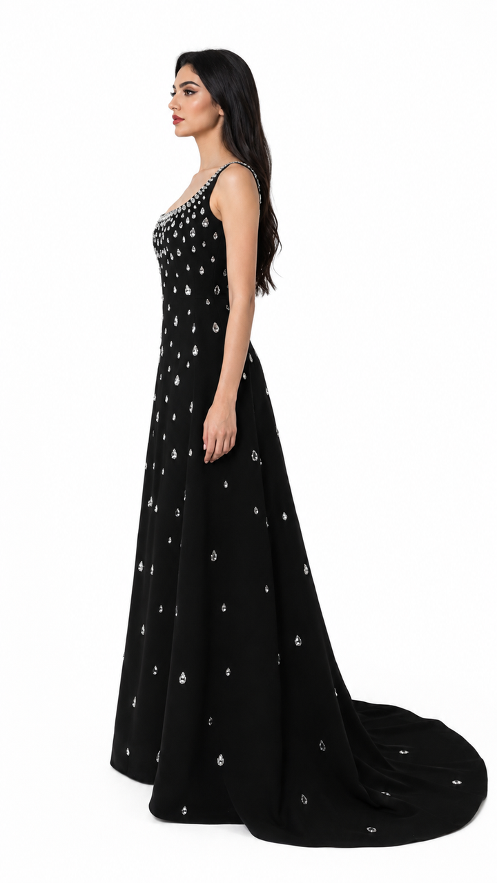 Black Crystal Embellished Square Neck Gown – AURELIA