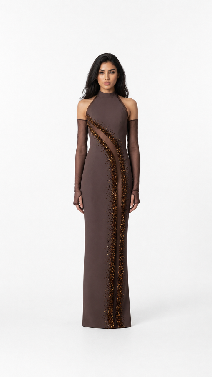 Mocha Beaded Cutout Halter Maxi Dress – SOLVA