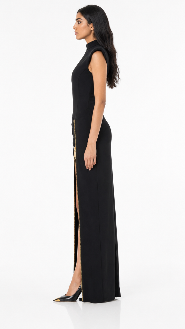 Black Gold Zip High Slit Maxi Dress – NOVARA