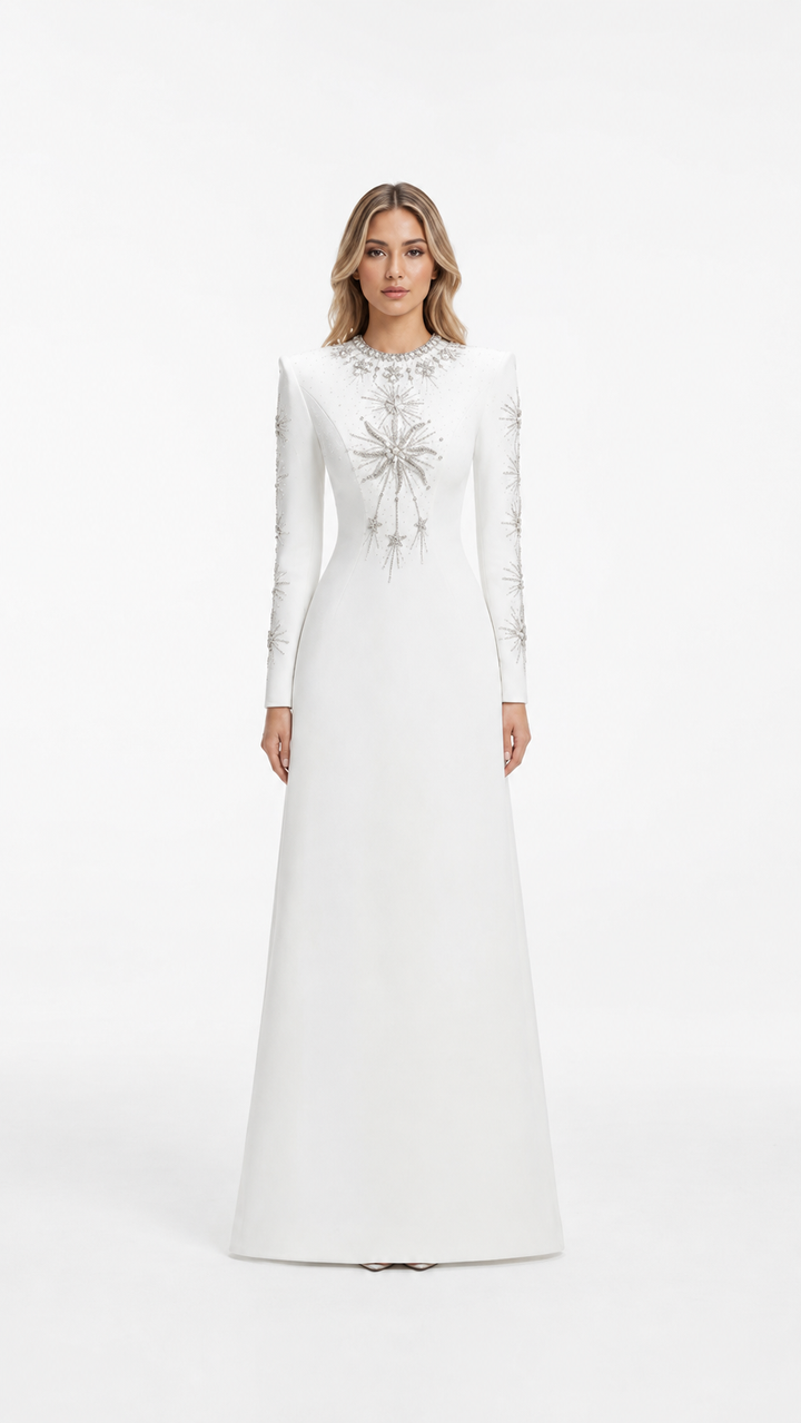 White Crystal Star Embellished Maxi Dress – DILYA