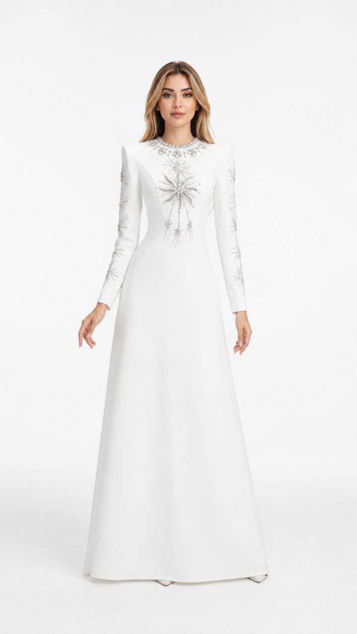 White Crystal Star Embellished Maxi Dress – DILYA
