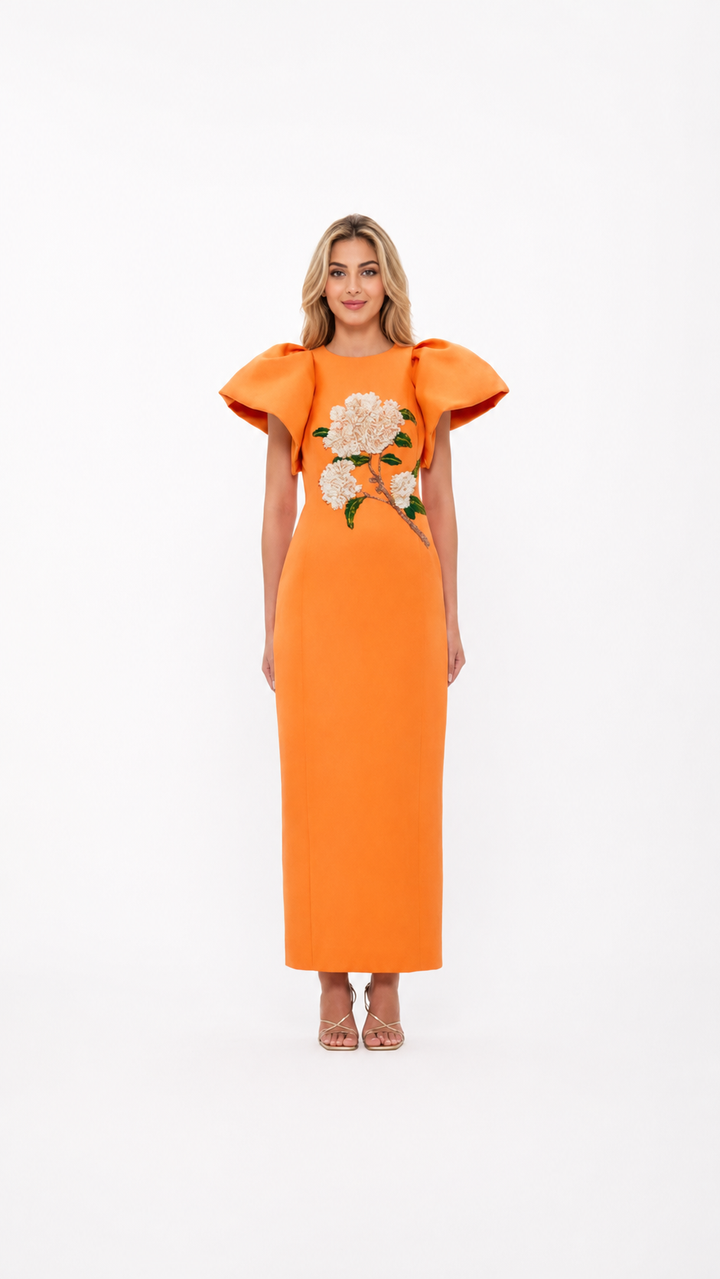 Orange Floral Appliqué Statement Sleeve Dress – VIRELLE