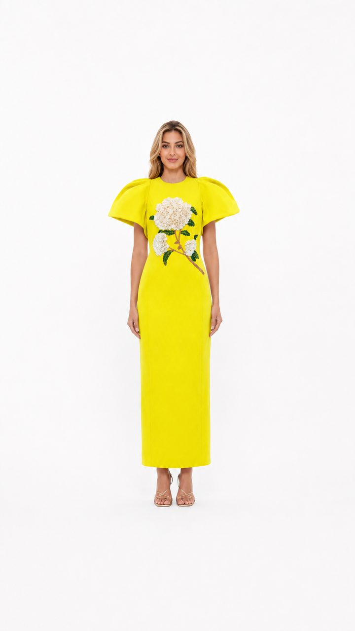 Orange Floral Appliqué Statement Sleeve Dress – VIRELLE