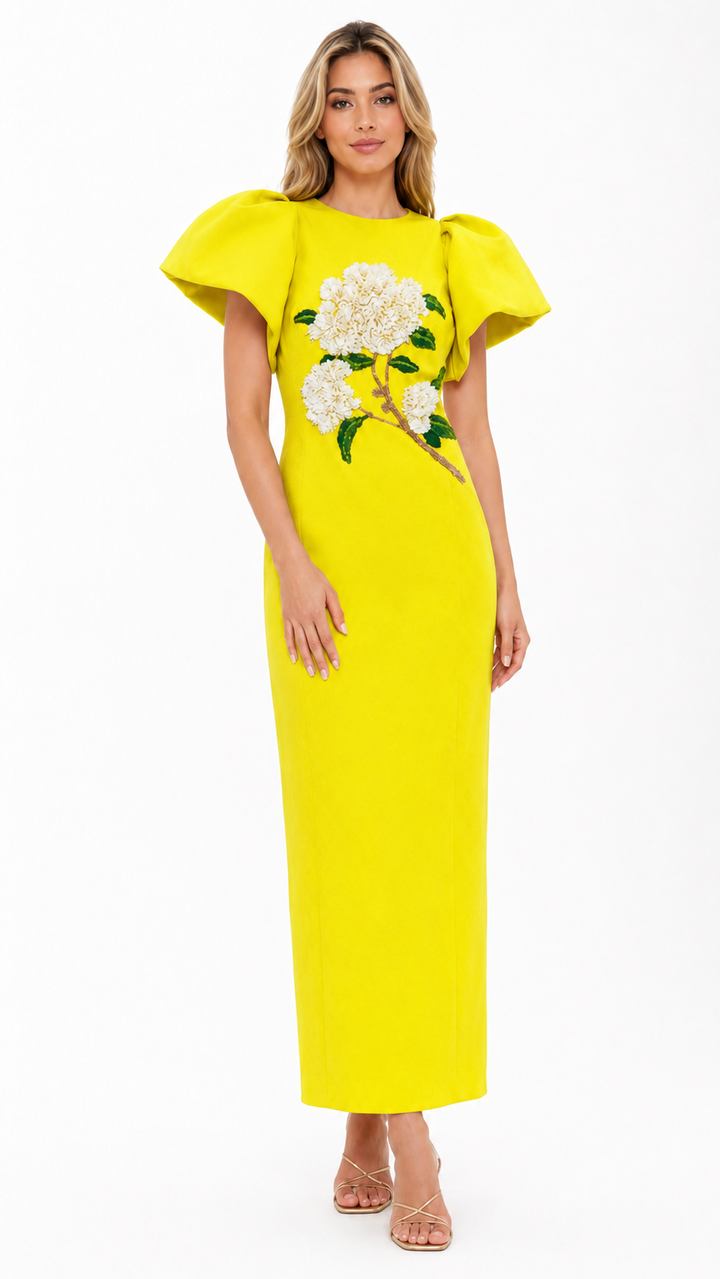 Orange Floral Appliqué Statement Sleeve Dress – VIRELLE