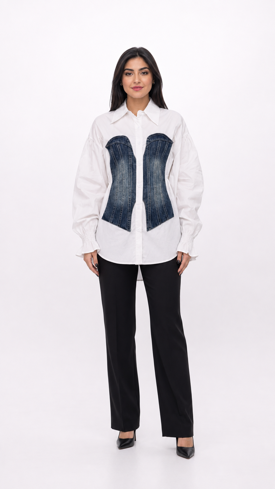 White Shirt with Denim Corset Detail – VELORIA