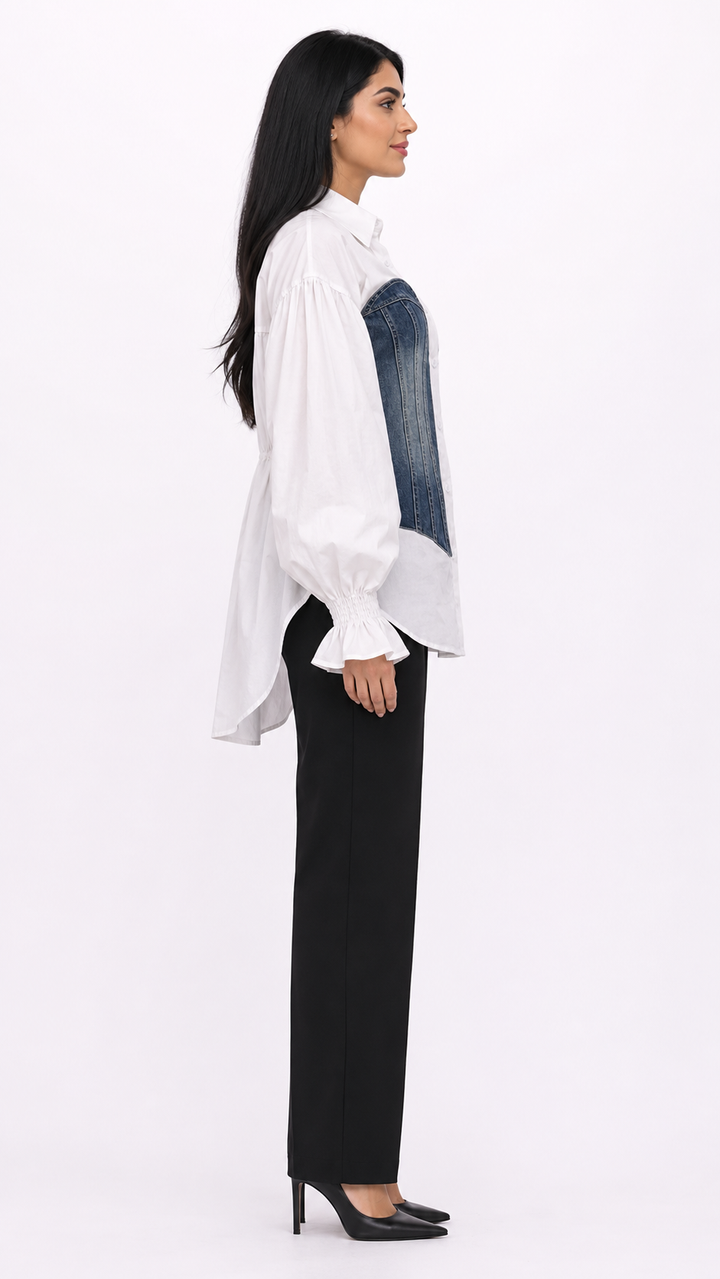 White Shirt with Denim Corset Detail – VELORIA