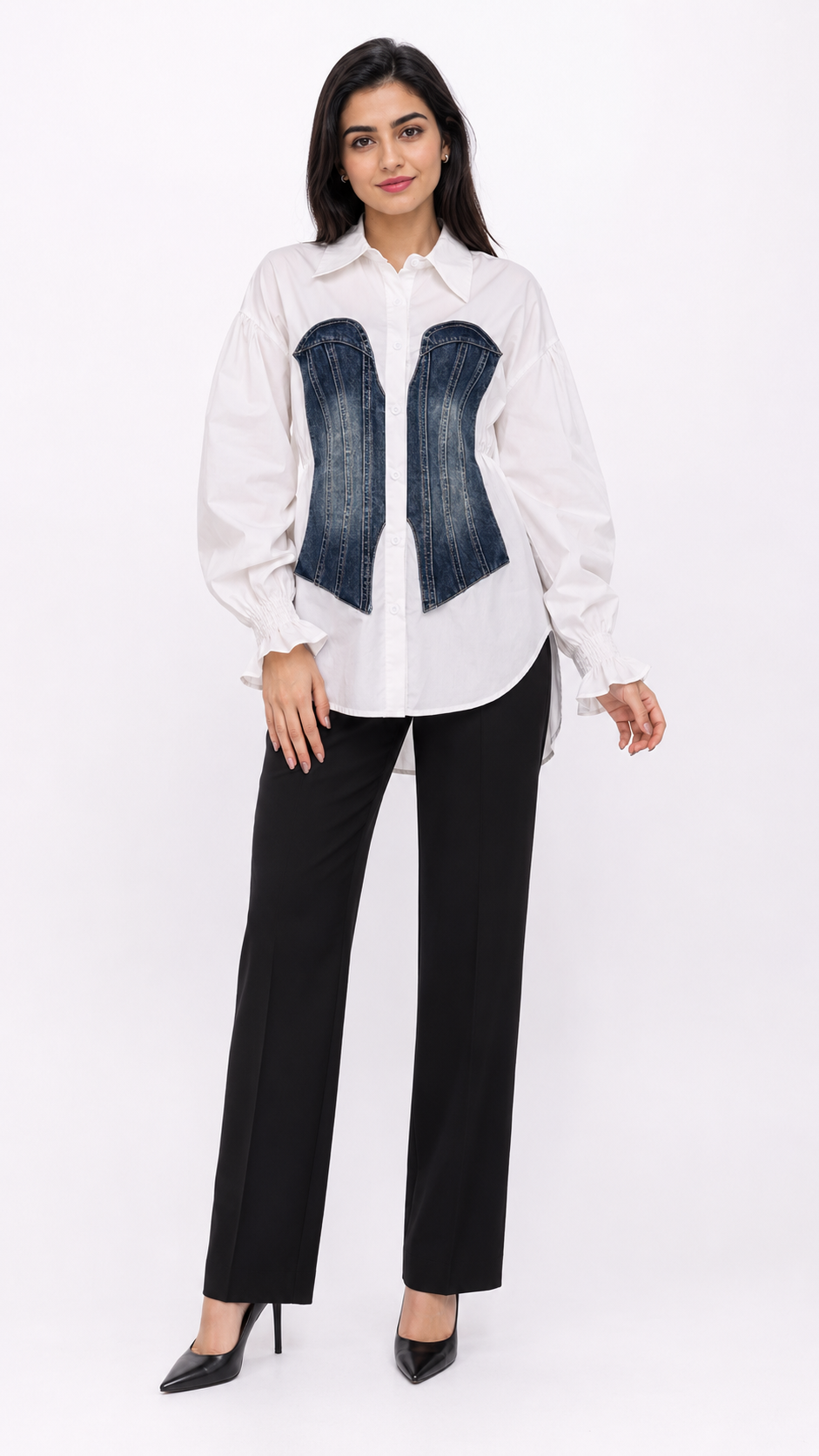 White Shirt with Denim Corset Detail – VELORIA