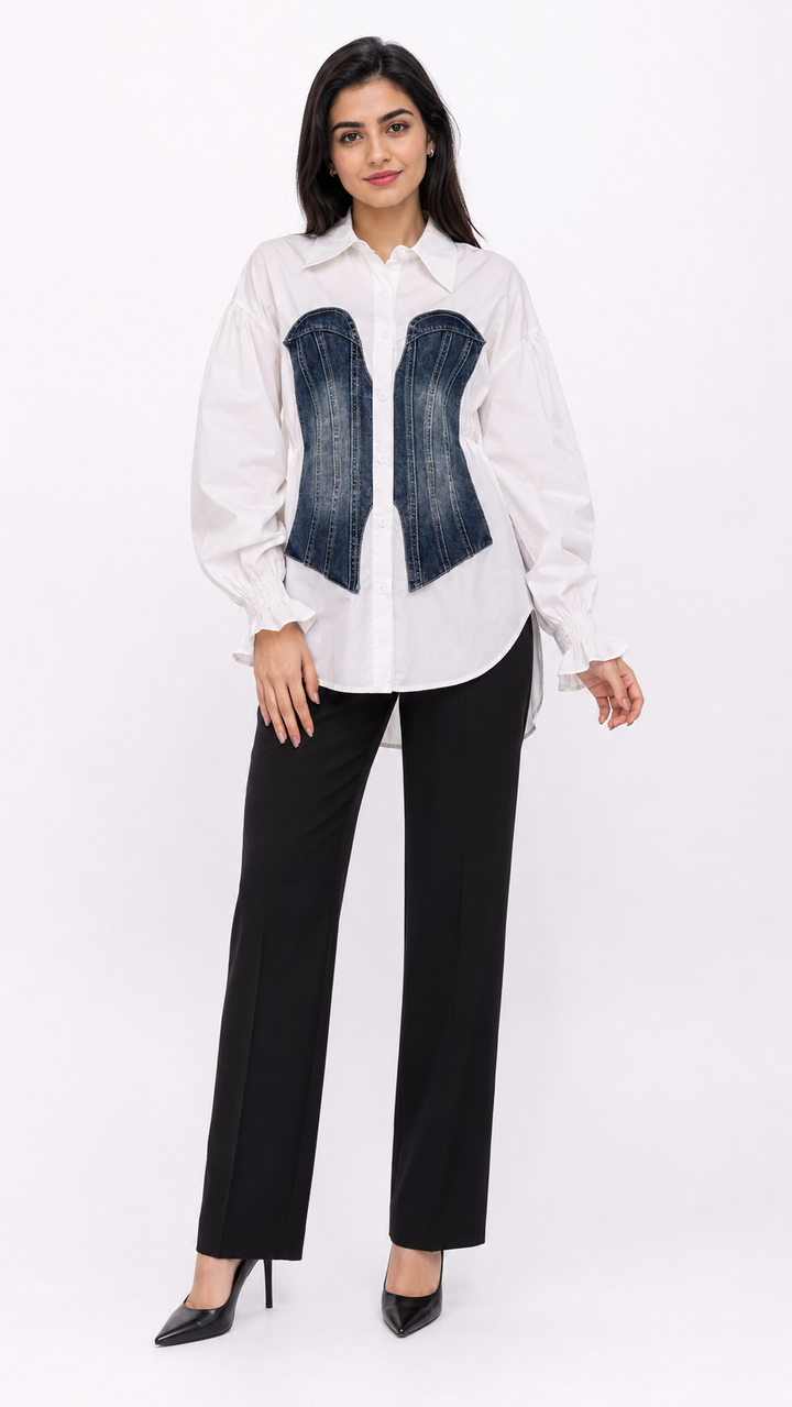 White Shirt with Denim Corset Detail – VELORIA