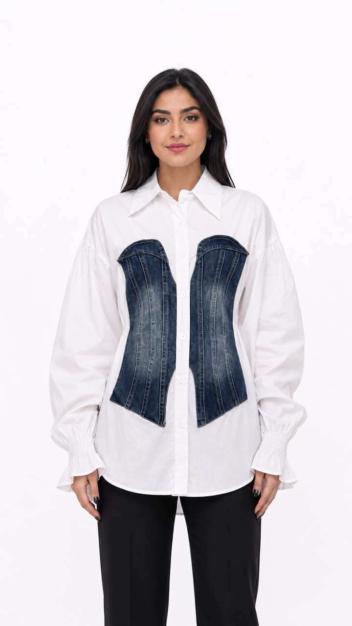 White Shirt with Denim Corset Detail – VELORIA