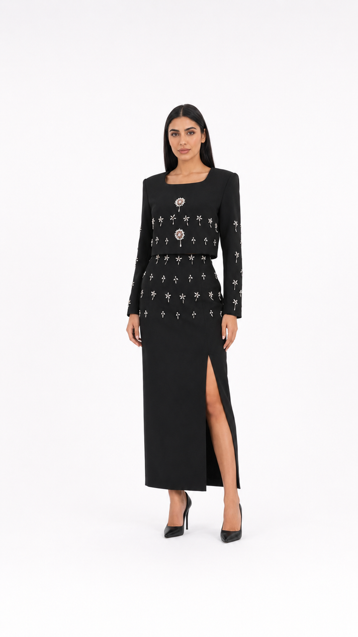 Black Crystal Embellished Two-Piece Evening Set – VELORA