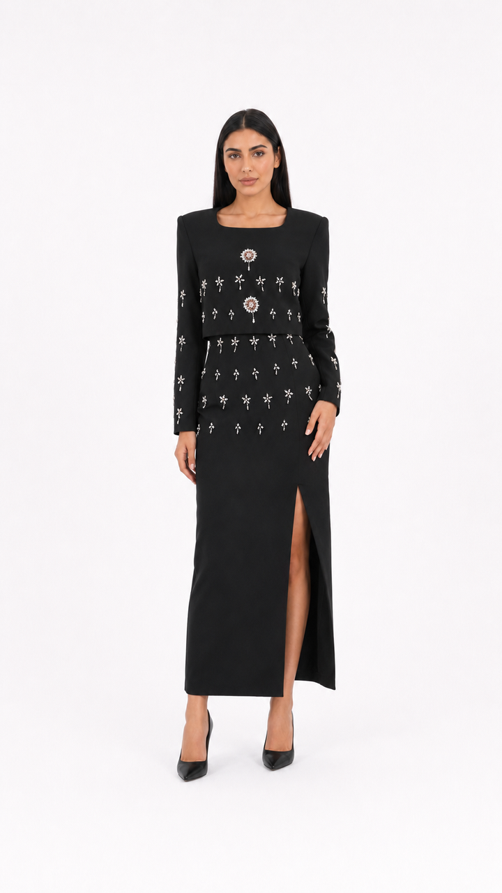 Black Crystal Embellished Two-Piece Evening Set – VELORA