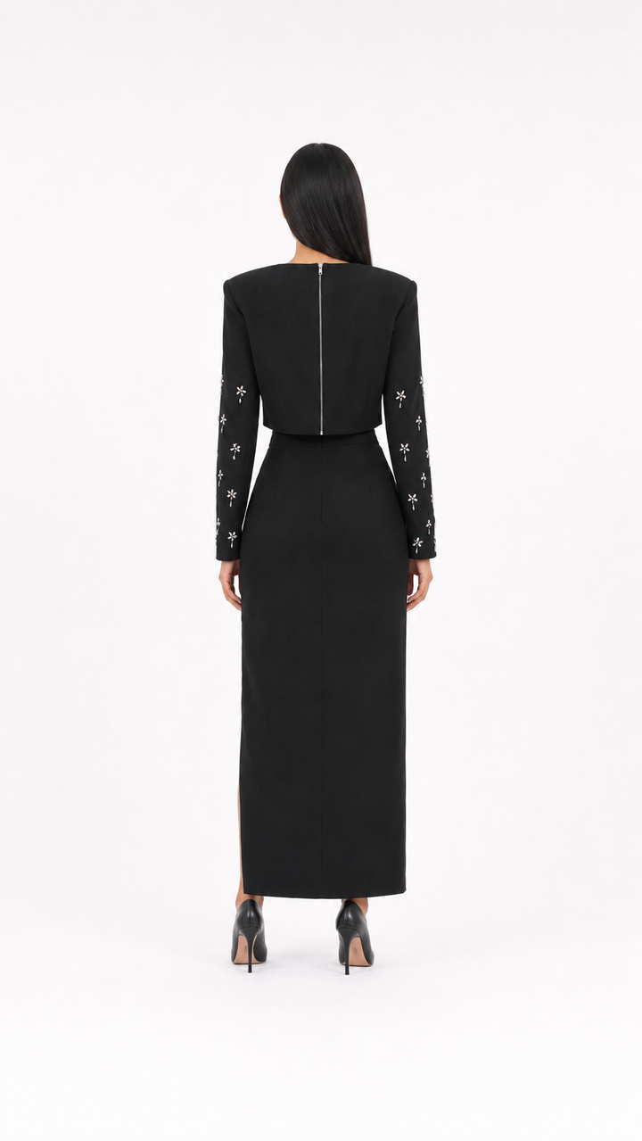 Black Crystal Embellished Two-Piece Evening Set – VELORA