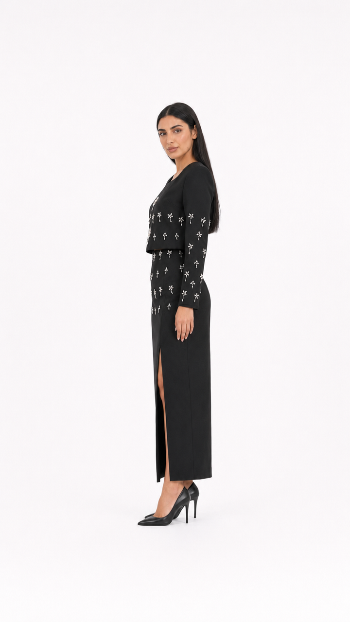 Black Crystal Embellished Two-Piece Evening Set – VELORA
