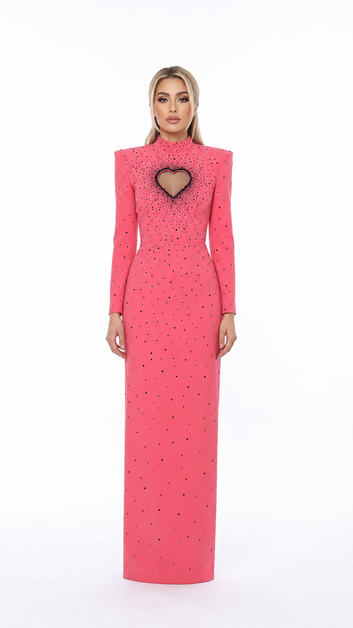Pink Crystal Heart Cutout Evening Gown – ROSALIA