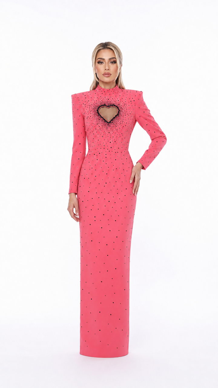 Pink Crystal Heart Cutout Evening Gown – ROSALIA