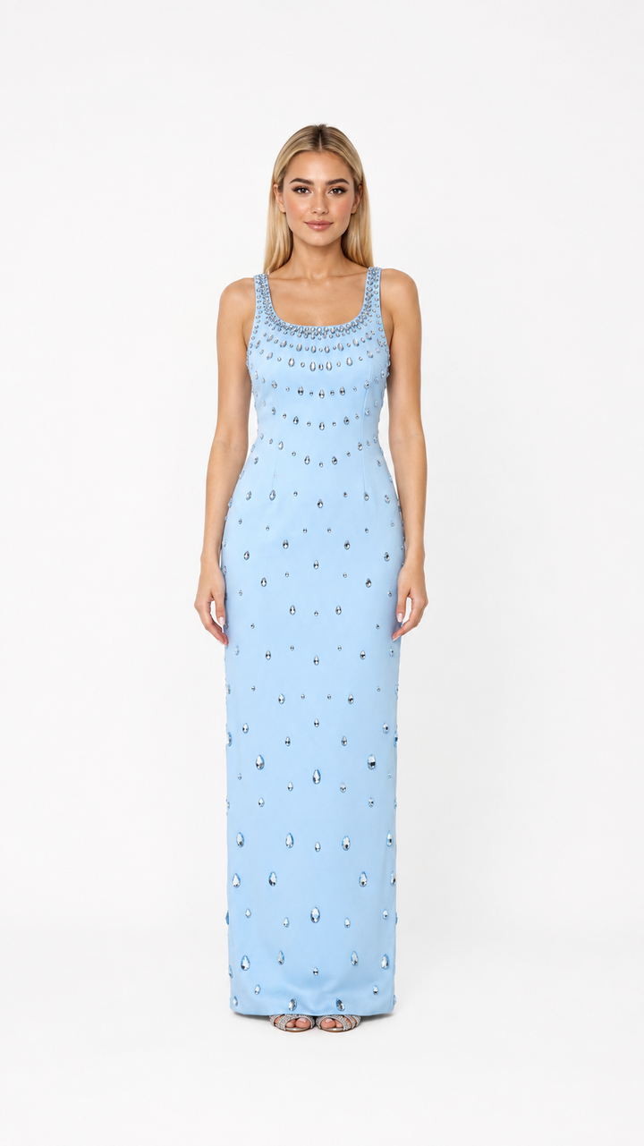 Sky Blue Crystal Embellished Maxi Dress – AZURÉ