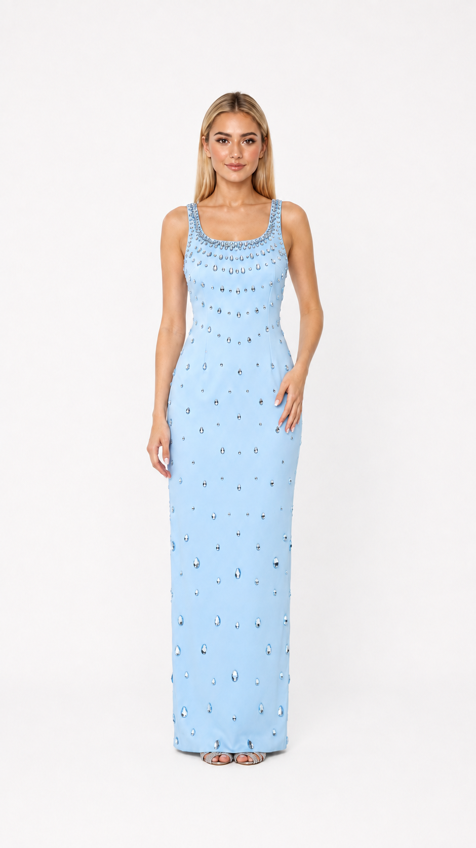 Sky Blue Crystal Embellished Maxi Dress – AZURÉ –