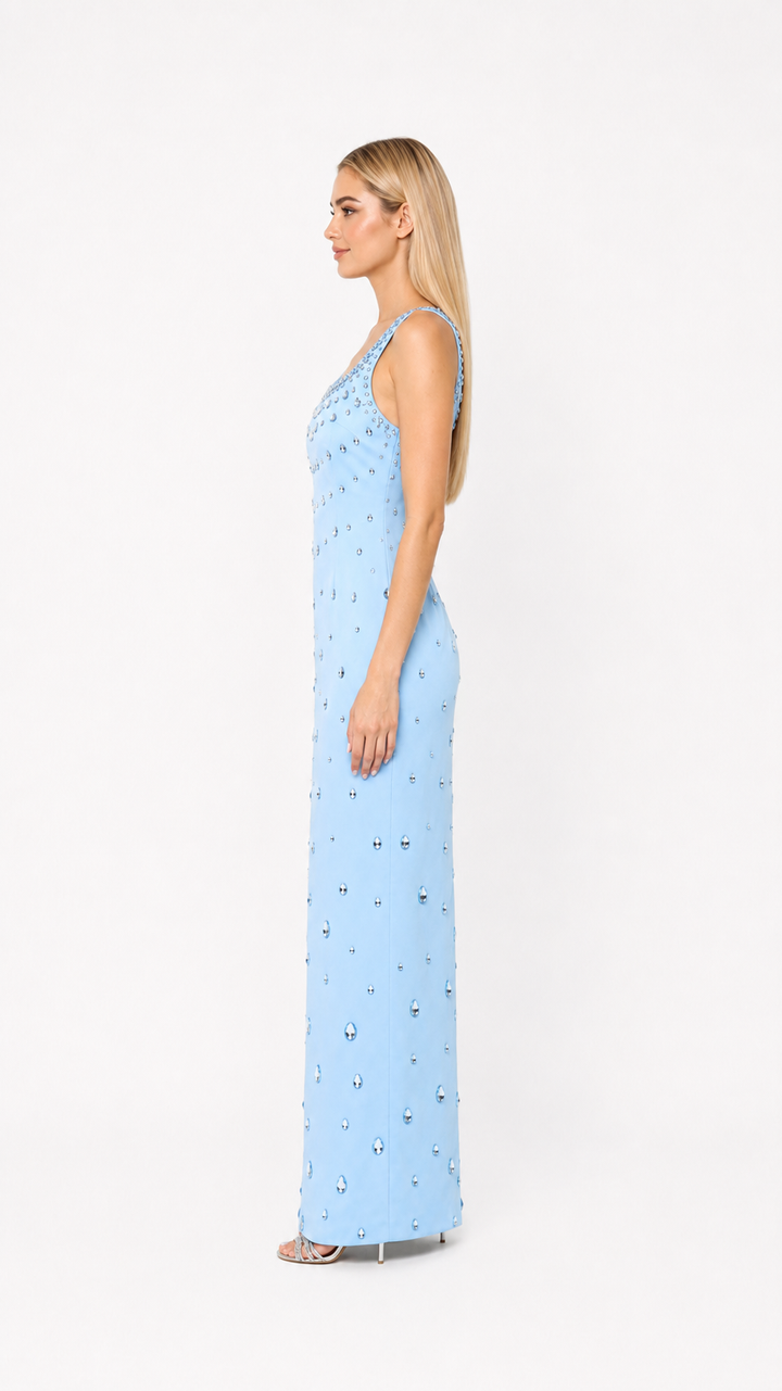 Sky Blue Crystal Embellished Maxi Dress – AZURÉ