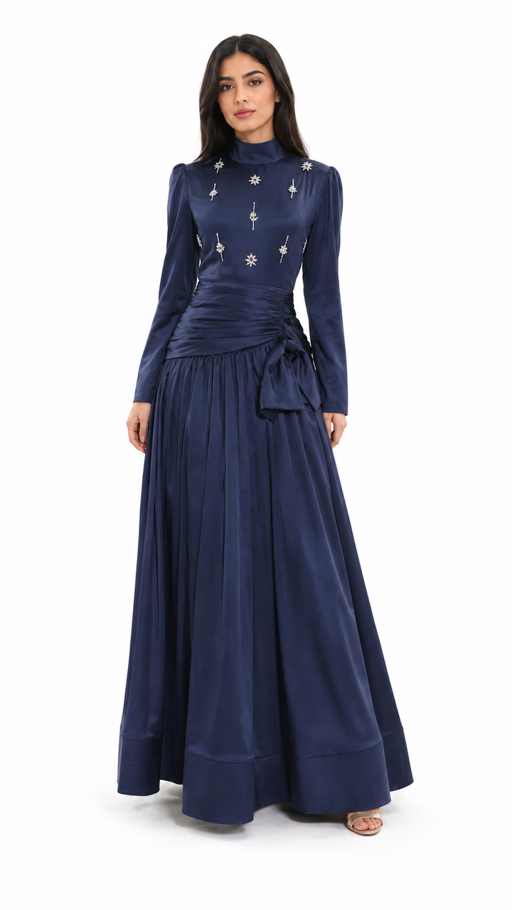 High-neck embellished satin maxi dress with draped waist – LYRA