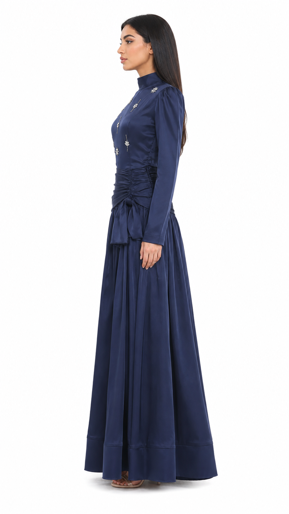 High-neck embellished satin maxi dress with draped waist – LYRA