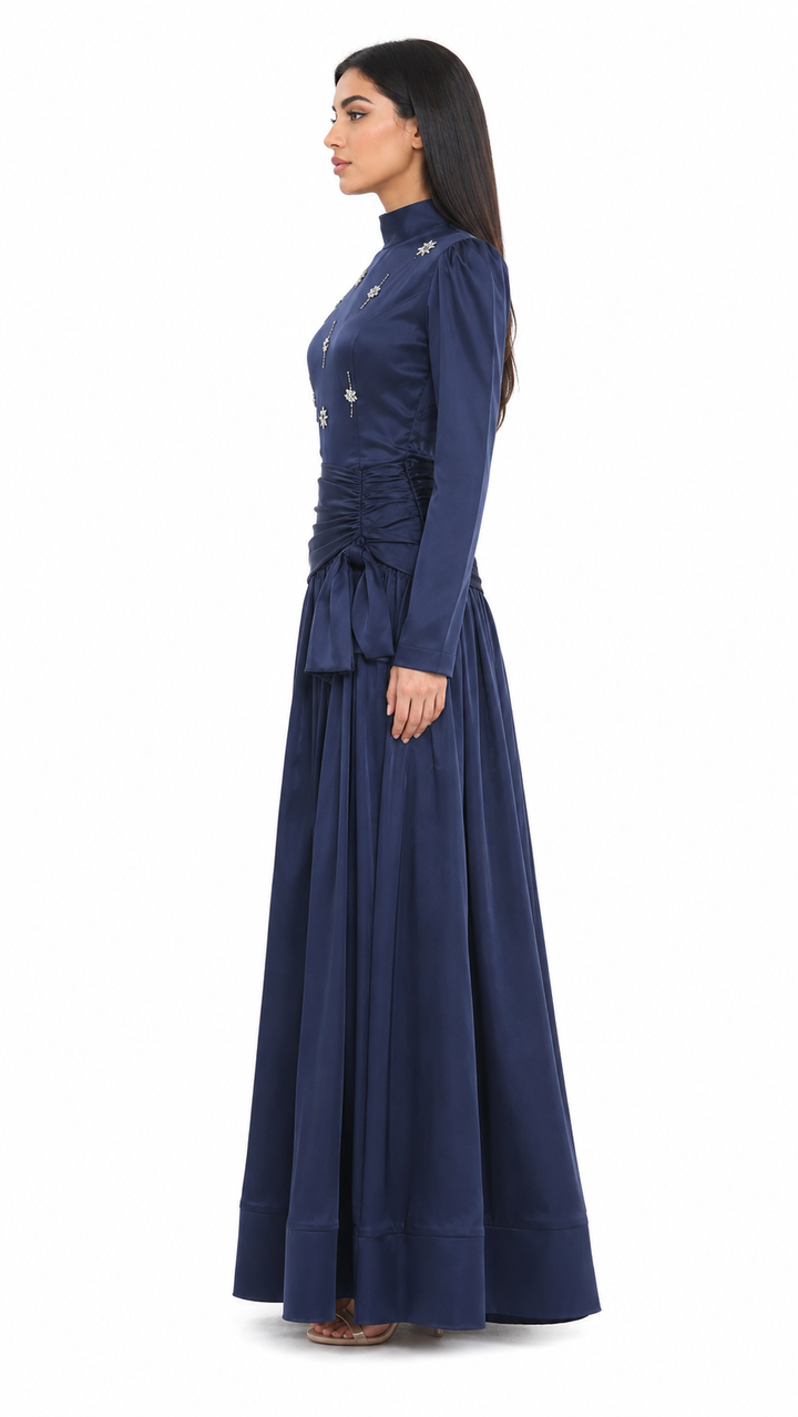High-neck embellished satin maxi dress with draped waist – LYRA