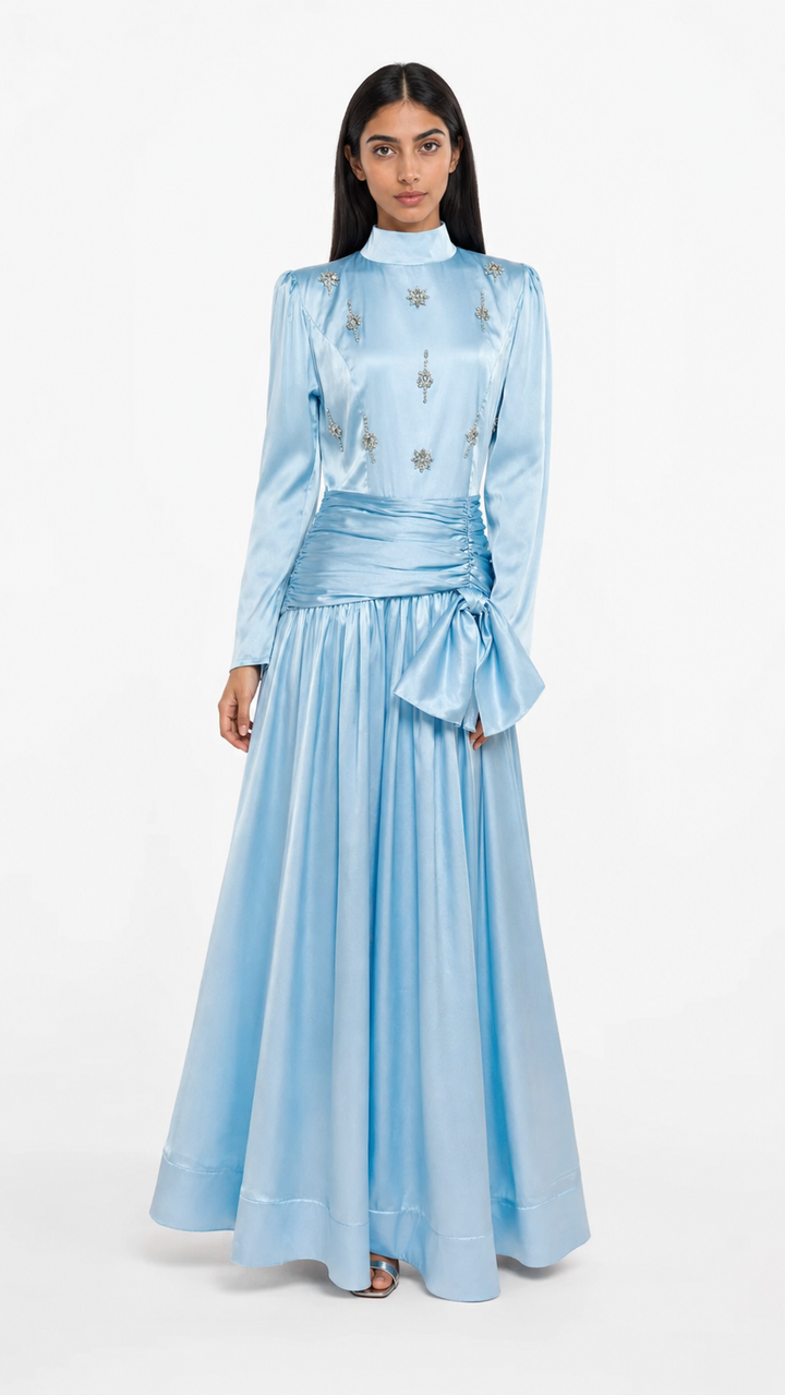 High-neck embellished satin maxi dress with draped waist – LYRA