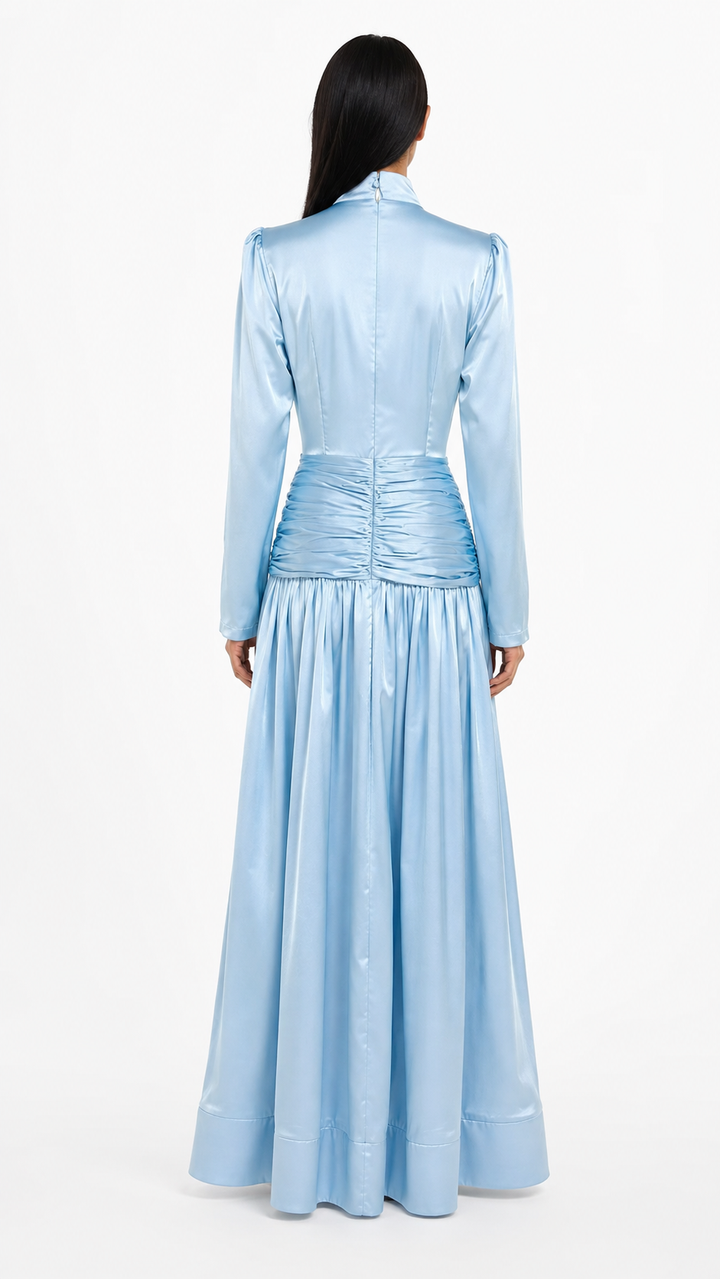 High-neck embellished satin maxi dress with draped waist – LYRA