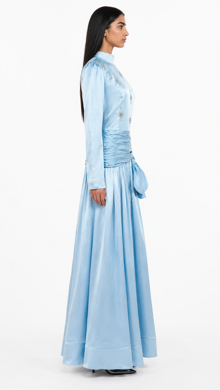High-neck embellished satin maxi dress with draped waist – LYRA