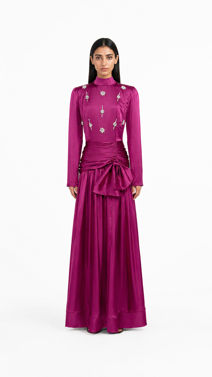 High-neck embellished satin maxi dress with draped waist – LYRA