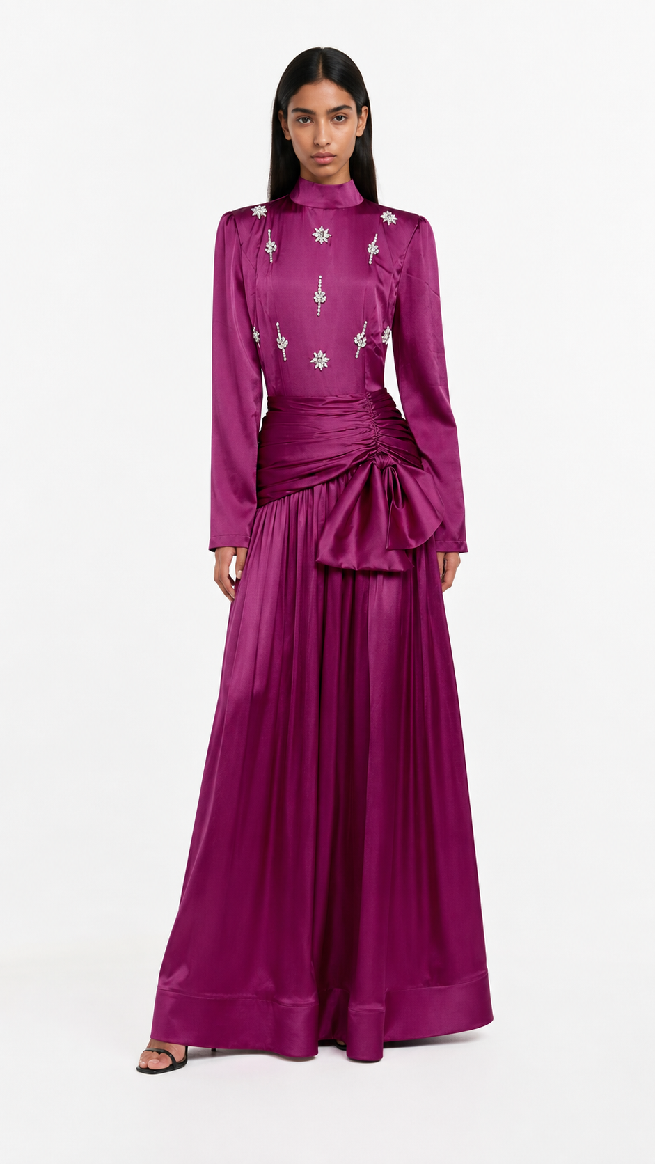 High-neck embellished satin maxi dress with draped waist – LYRA
