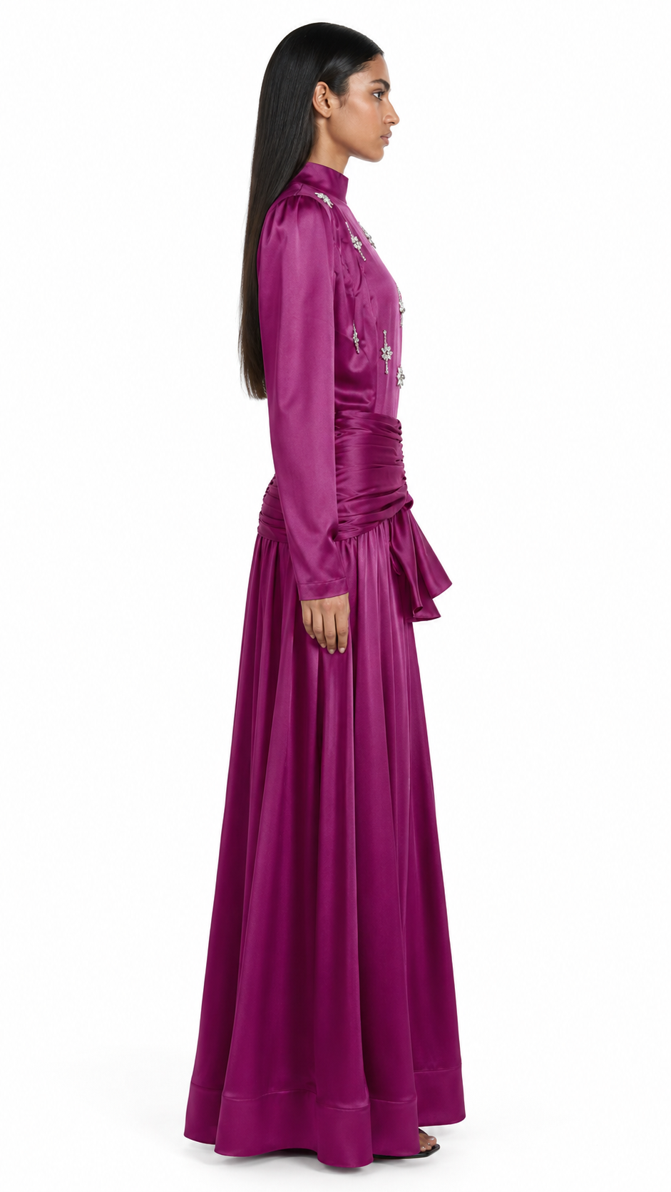 High-neck embellished satin maxi dress with draped waist – LYRA