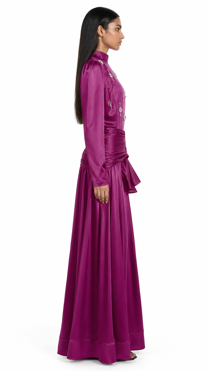 High-neck embellished satin maxi dress with draped waist – LYRA